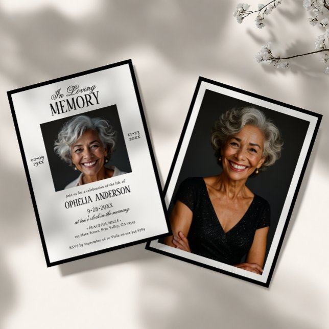 Invitación Elegante Funeral Moderno de Blanco y Negro con 2 F (Subido por el creador)