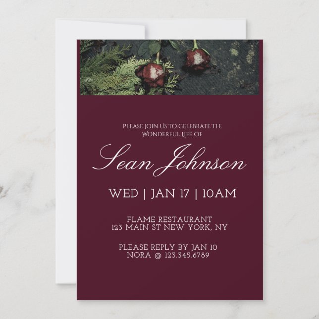 Invitación Elegante Funeral Personalizado Oscuro Borgoña Mode (Anverso)