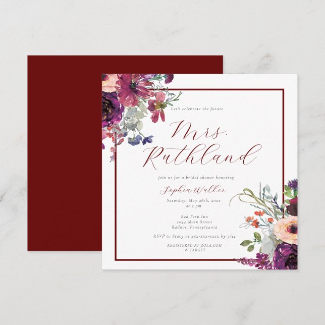 Invitación Elegante futuro Sra. Burgundy Floral Bridal Shower (Anverso / Reverso)