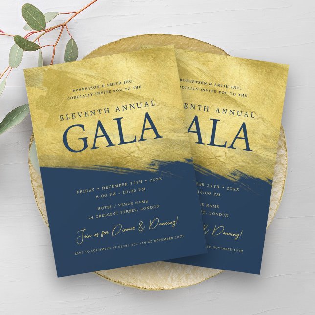 Invitación Elegante GALA Company Business Gold Brush Navy Blu (Elegant GALA Company Business Gold Brush Navy Blue Invitation)
