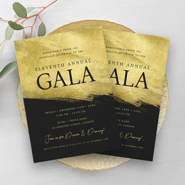 Invitación Elegante GALA Company Business Gold Brush Negro (Elegant GALA Company Business Gold Brush Black Invitation)
