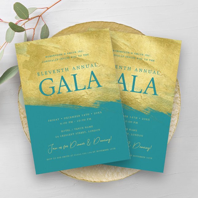 Invitación Elegante GALA Company Business Gold Brush Turquois (Elegant GALA Company Business Gold Brush Turquoise Invitation)