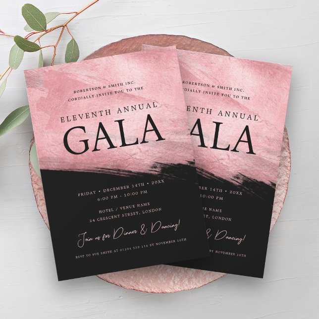 Invitación Elegante GALA Company Rosa Cepillo de oro negro (Elegant GALA Company Rose Gold Brush Black Invitation)