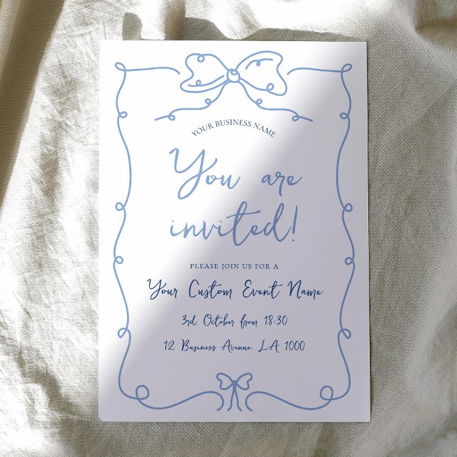 Invitación Elegante Gala de evento de negocios azul con arco  (Elegant hand-drawn style business event invitation with handwritten style font in blue and white)