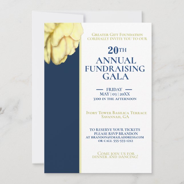 Invitación Elegante Gala del evento de caridad blanca y azul  (Anverso)