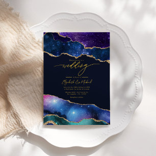 Invitación Elegante Galaxia Azul, Púrpura y Código QR de Ágat
