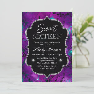 Invitación Elegante Galaxia de Mármol Morado y Azul Cumpleaño