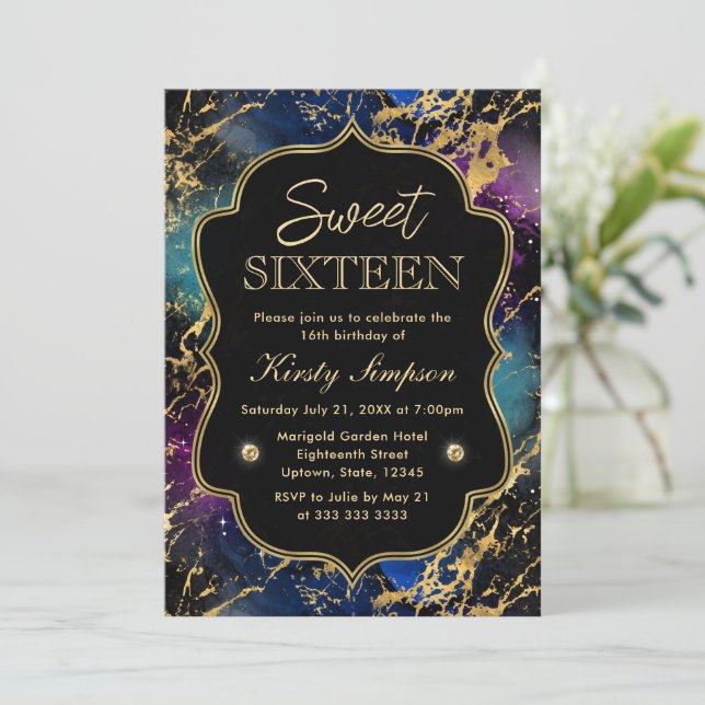 Invitación Elegante Galaxia multicolor Marble Sweet 16 (Anverso de pie)