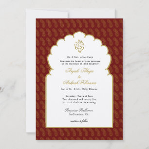 Invitación Elegante Ganesh Boda India Rojo y Dorado