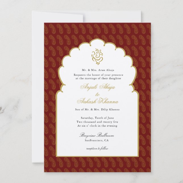 Invitación Elegante Ganesh Boda India Rojo y Dorado (Anverso)