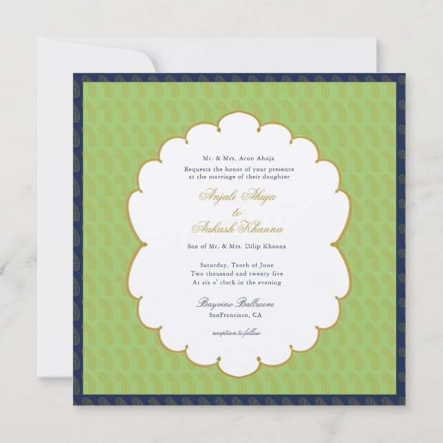 Invitación Elegante Ganesh oro y boda indio verde (Reverso)