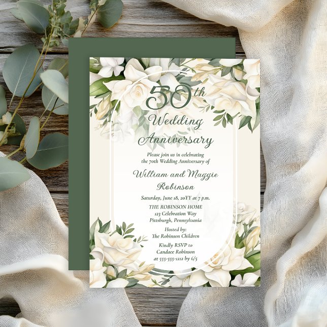 Invitación Elegante Gardenia Floral 50 aniversario Boda (Elegant Gardenia Floral 50th Wedding Anniversary Invitation - Print | Digital Download)