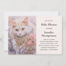 Elegante gato blanco en oro y Baby Shower de diama