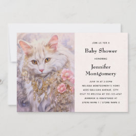 Invitación Elegante gato blanco en oro y Baby Shower de diama
