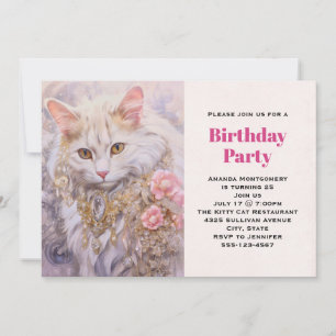 Invitación Elegante gato blanco en oro y cumpleaños de diaman