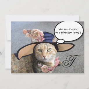 INVITACIÓN ELEGANTE GATO, GRAN GORRA DIVA Y PARTIDA DE CUMPLE