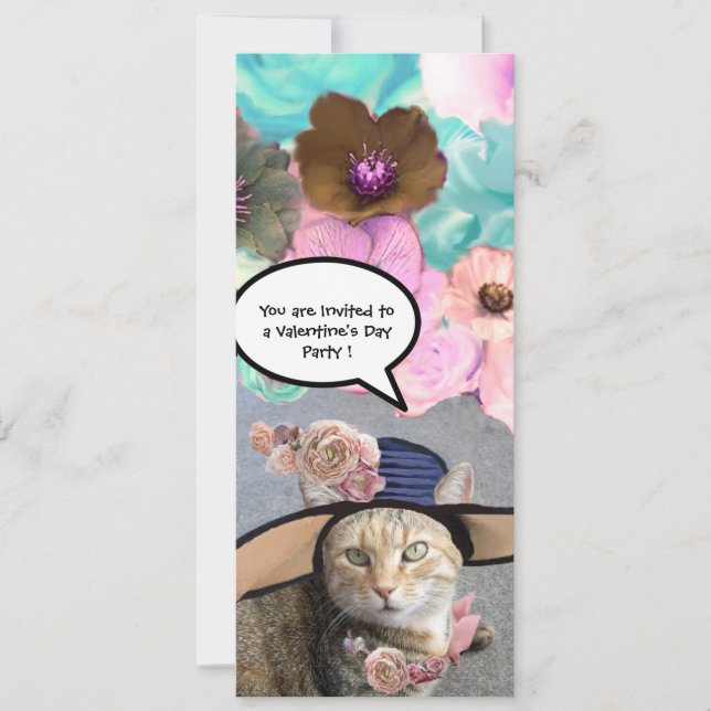 INVITACIÓN ELEGANTE GATO, GRAN GORRA DIVA Y ROSAS FIESTA DE V (Anverso)