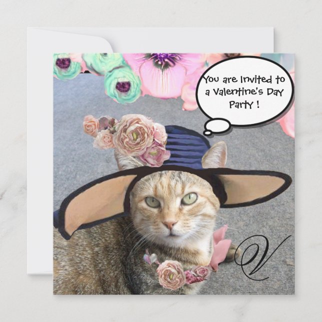 INVITACIÓN ELEGANTE GATO, GRAN GORRA DIVA Y ROSAS FIESTA DE V (Anverso)