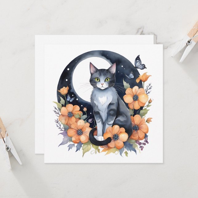 Invitación Elegante Gato Negro Floral Moon Art Gato Amante (Anverso/Reverso In Situ)