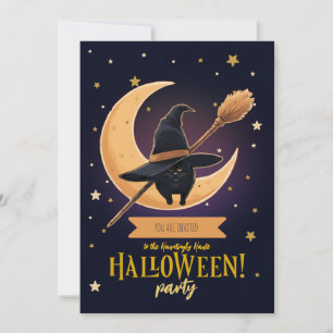 Invitación Elegante gato negro luna creciente escoba Hallowee