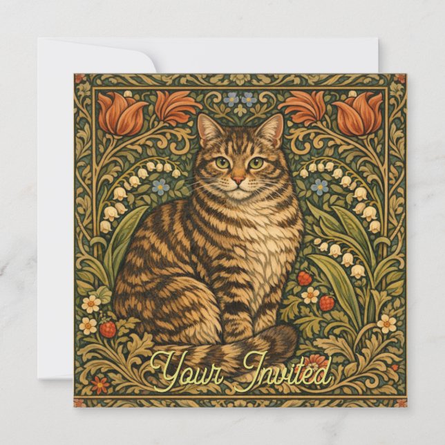 Invitación Elegante gato vintage floral botánico (Anverso)