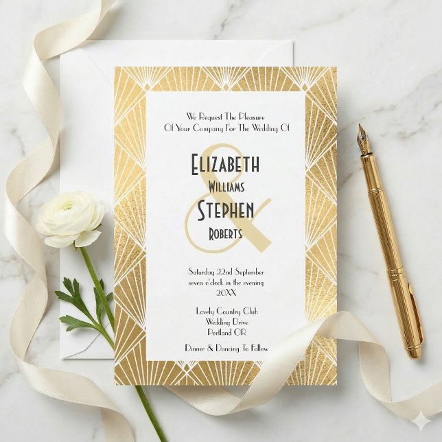 Invitación Elegante Gatsby Art Deco Boda Blanco y Oro (Subido por el creador)