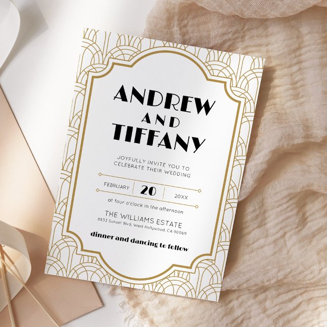 Invitación Elegante Gatsby Art Decó Boda Oro Blanco de los añ (Subido por el creador)