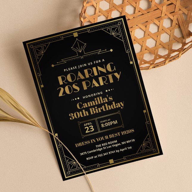 Invitación Elegante Gatsby Art Deco Roarando el oro negro de  (Subido por el creador)