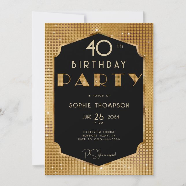 Invitación Elegante Gatsby Purpurina de oro Negro 40 cumpleañ (Anverso)