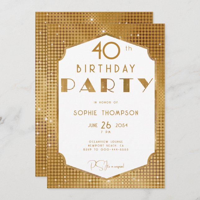 Invitación Elegante Gatsby White y Gold Deco 40 cumpleaños (Anverso / Reverso)
