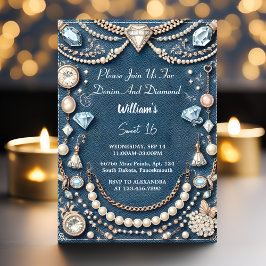 Invitación Elegante Gema Bling Denim Y Diamantes Dulce 16