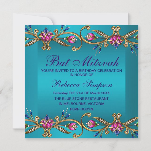 Invitación Elegante Gema Floral Azul Bat Mitzvah Invite (Anverso)