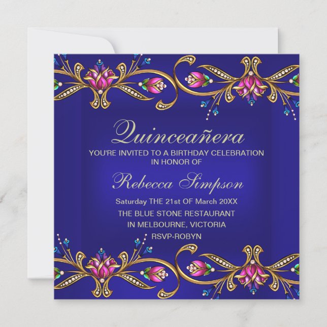 Invitación Elegante Gema Floral Azul Quinceañera Invite (Anverso)