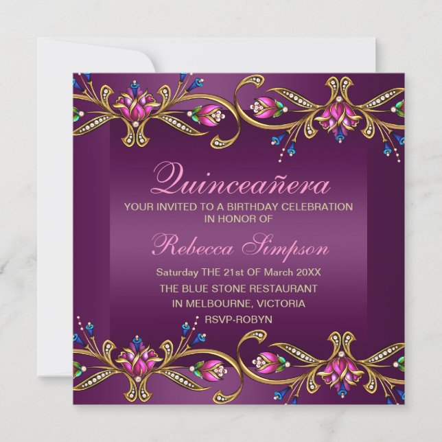 Invitación Elegante Gema Floral Purple/Black Quinceañera Invi (Anverso)