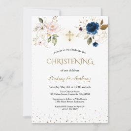 Invitación Elegante Gemelos Florales de Oro Azul Rosa