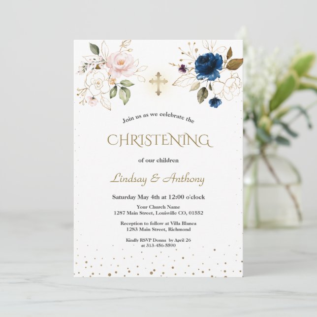 Invitación Elegante Gemelos Florales de Oro Azul Rosa (Anverso de pie)