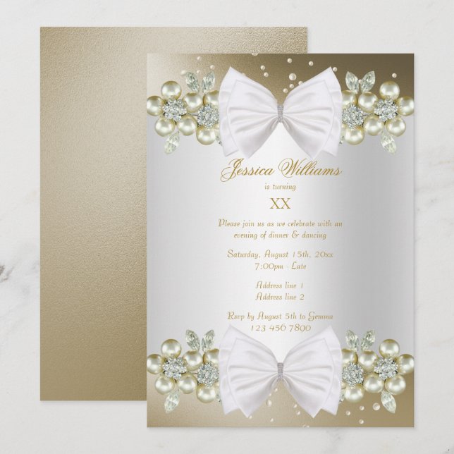 Invitación Elegante Gems & Bow Gold Birday (Anverso / Reverso)