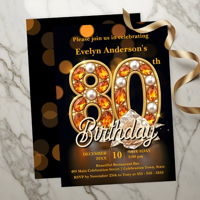 Invitación Elegante Gemstone Oro 80 cumpleaños (Subido por el creador)