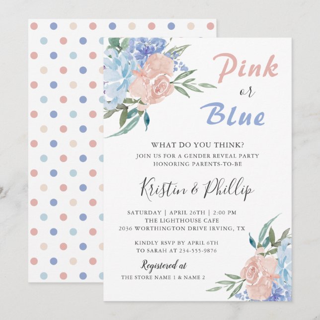 Invitación Elegante género floral rosa azul revelar ducha beb (Anverso / Reverso)