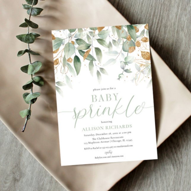 Invitación Elegante género neutro vegetación dorada bebé roci (Subido por el creador)