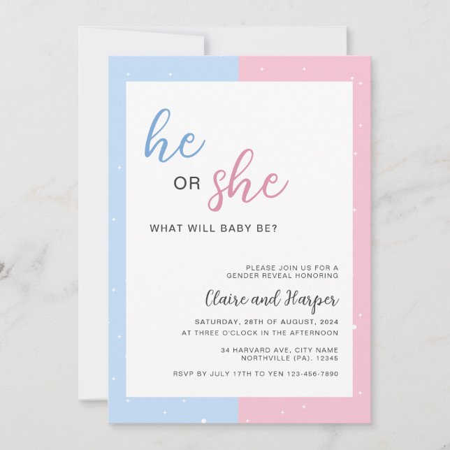 Invitación Elegante género rosa y azul revela Baby Shower (Anverso)