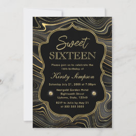 Invitación Elegante Geoda de Estratos Negros y Dorados Cumple