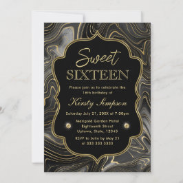 Invitación Elegante Geoda de Estratos Negros y Dorados Sweet 