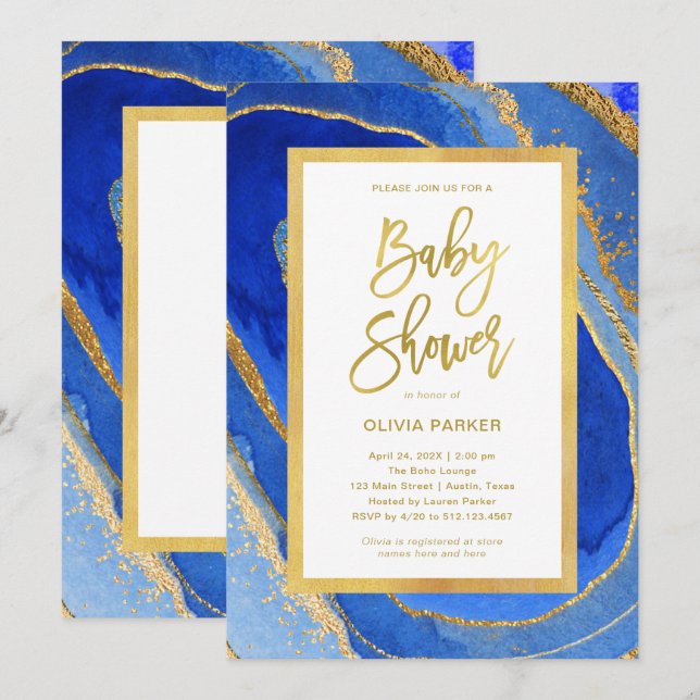 Invitación Elegante Geode Azul y Oro | Baby Shower (Anverso / Reverso)