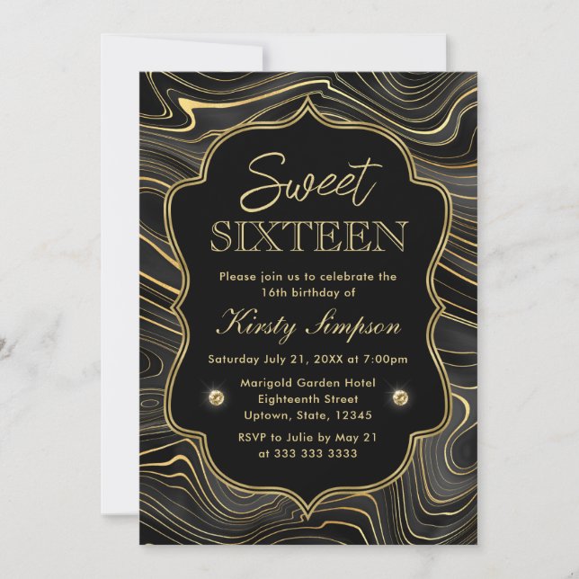 Invitación Elegante Géode Negro y Oro Estratos Dulce 16 (Anverso)