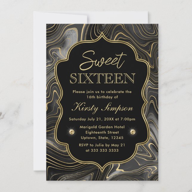 Invitación Elegante Géode Negro y Oro Estratos Dulce 16 (Anverso)