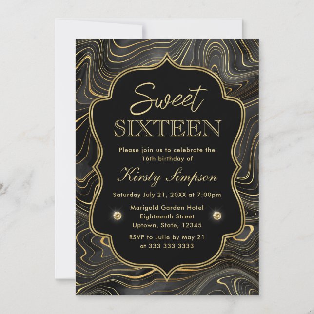 Invitación Elegante Géode Negro y Oro Estratos Dulce 16 (Anverso)