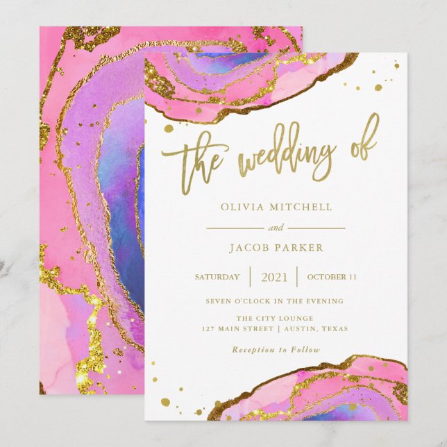 Invitación Elegante Geode rosa y Azul con Oro | Boda (Anverso / Reverso)