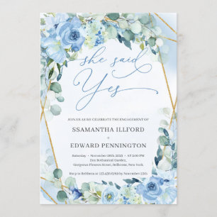 Invitación Elegante Geométrica De Oro Floral Azul Dijo Sí