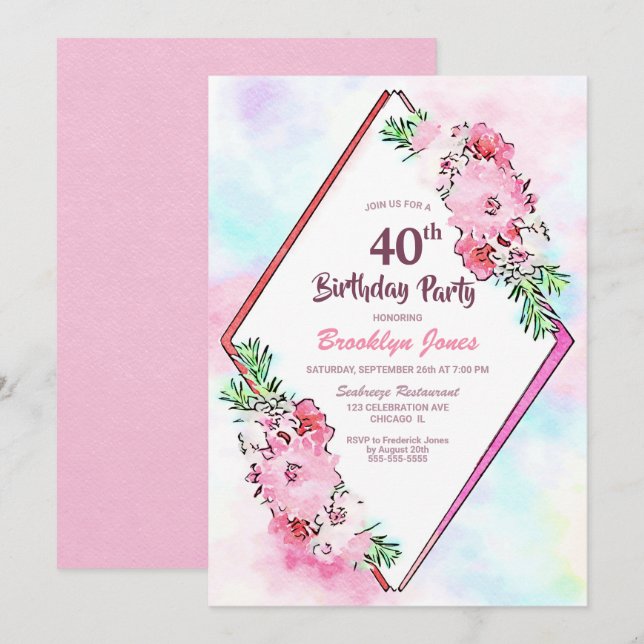 Invitación Elegante Geométrico Floral Rosa 40 cumpleaños (Anverso / Reverso)